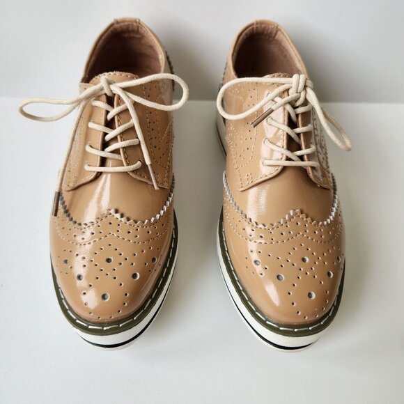Dadawen Women's Tan Apricot Patent Oxford Platform Wingtip Brogues Casual Retro - Picture 2 of 11